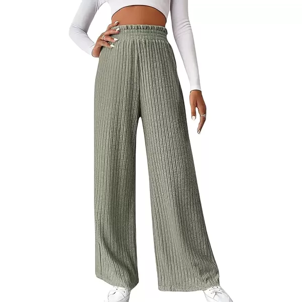 imagechouyatou Womens Ribbed Knit Wide Leg Pants High Wasit Flowy Palazzo Sweater Pants Lounge TrousersYellowish Green