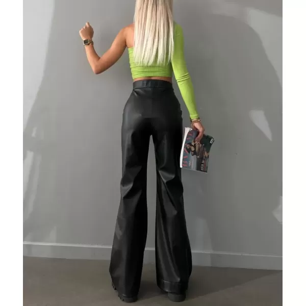 imagechouyatou Womens Sexy Lace Up High Waist Bell Bottom Flared Pu Faux Leather Palazzo PantsBlack