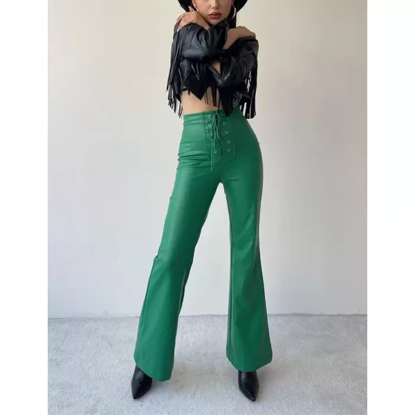 imagechouyatou Womens Sexy Lace Up High Waist Bell Bottom Flared Pu Faux Leather Palazzo PantsGreen