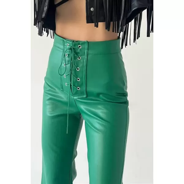 imagechouyatou Womens Sexy Lace Up High Waist Bell Bottom Flared Pu Faux Leather Palazzo PantsGreen