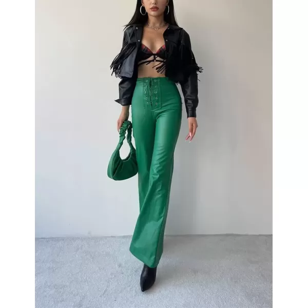 imagechouyatou Womens Sexy Lace Up High Waist Bell Bottom Flared Pu Faux Leather Palazzo PantsGreen
