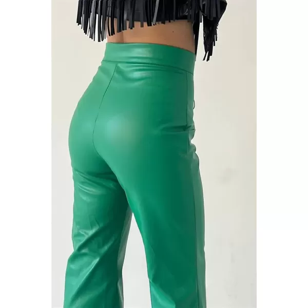 imagechouyatou Womens Sexy Lace Up High Waist Bell Bottom Flared Pu Faux Leather Palazzo PantsGreen
