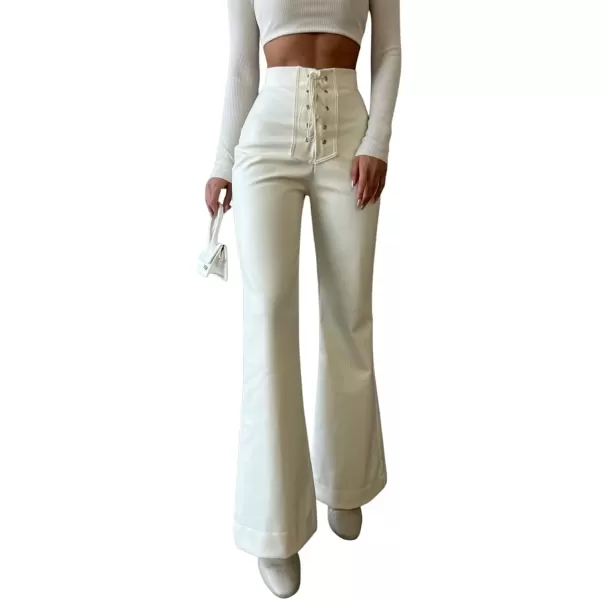 imagechouyatou Womens Sexy Lace Up High Waist Bell Bottom Flared Pu Faux Leather Palazzo PantsWhite
