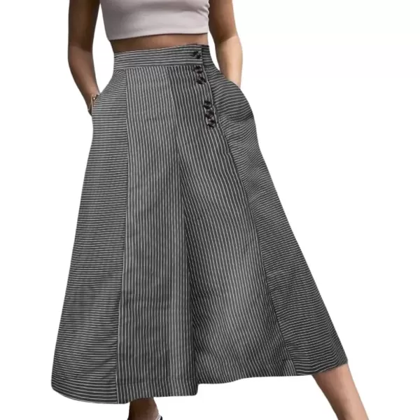 imagechouyatou Womens Striped High Waisted Cotton Linen Wide Leg Dressy Casual Cropped Capri Palazzo PantsBlack