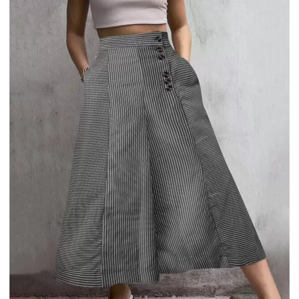 imagechouyatou Womens Striped High Waisted Cotton Linen Wide Leg Dressy Casual Cropped Capri Palazzo PantsBlack