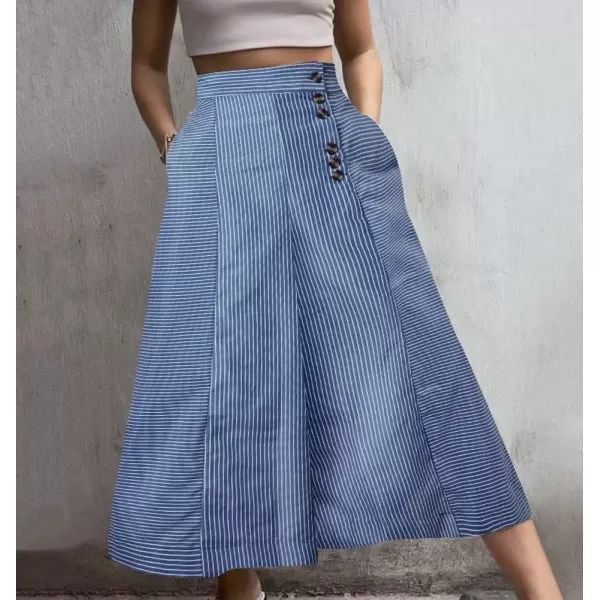 imagechouyatou Womens Striped High Waisted Cotton Linen Wide Leg Dressy Casual Cropped Capri Palazzo PantsBlue