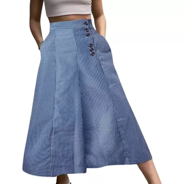imagechouyatou Womens Striped High Waisted Cotton Linen Wide Leg Dressy Casual Cropped Capri Palazzo PantsBlue