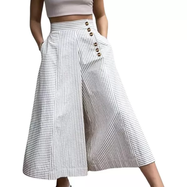 imagechouyatou Womens Striped High Waisted Cotton Linen Wide Leg Dressy Casual Cropped Capri Palazzo PantsWhite