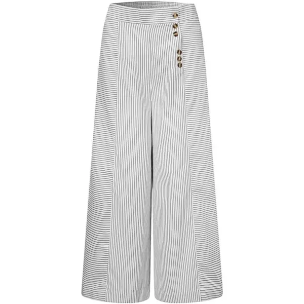 imagechouyatou Womens Striped High Waisted Cotton Linen Wide Leg Dressy Casual Cropped Capri Palazzo PantsWhite