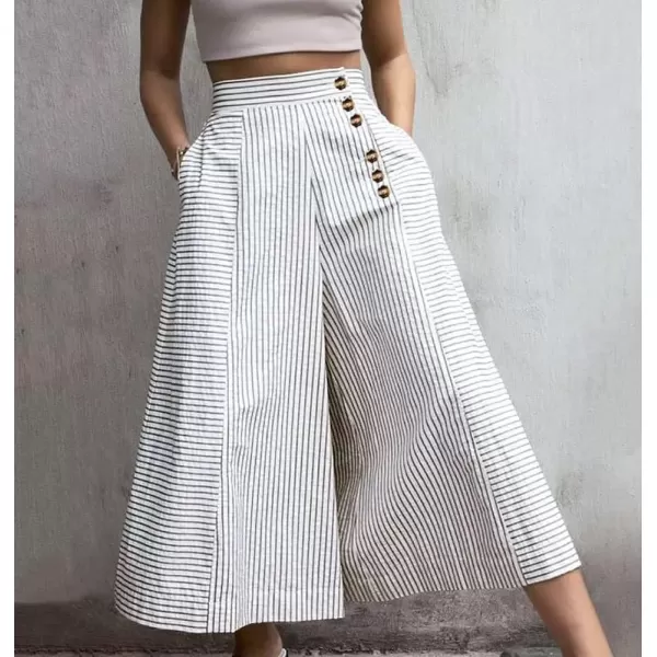 imagechouyatou Womens Striped High Waisted Cotton Linen Wide Leg Dressy Casual Cropped Capri Palazzo PantsWhite