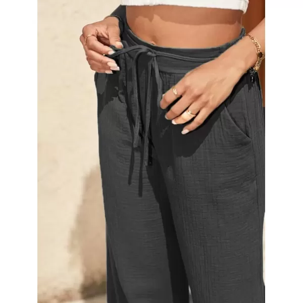 imagechouyatou Womens Summer Boho Linen Pants Loose Fit Wide Leg Drawstring Beach Palazzo PantsBlack