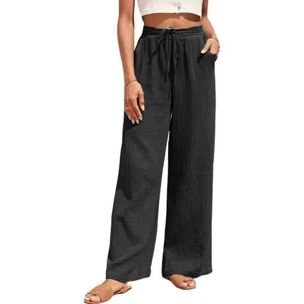 imagechouyatou Womens Summer Boho Linen Pants Loose Fit Wide Leg Drawstring Beach Palazzo PantsBlack