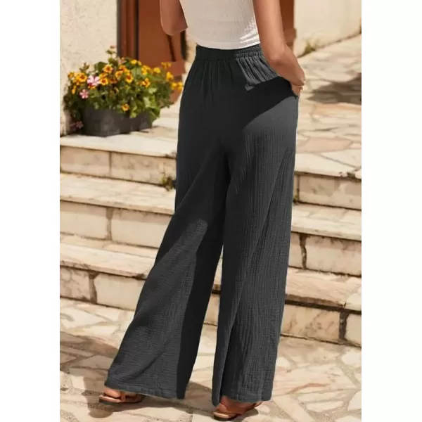 imagechouyatou Womens Summer Boho Linen Pants Loose Fit Wide Leg Drawstring Beach Palazzo PantsBlack