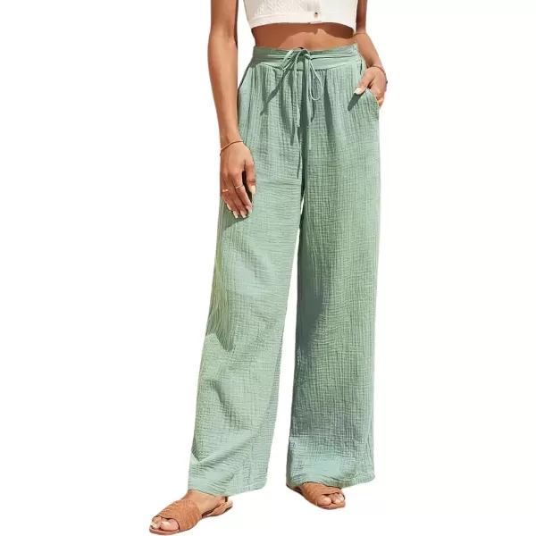 imagechouyatou Womens Summer Boho Linen Pants Loose Fit Wide Leg Drawstring Beach Palazzo PantsLight Green