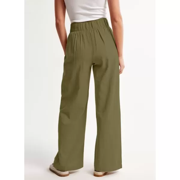 imagechouyatou Womens Summer Casual Cotton Linen Pants High Elastic Waist Beach Palazzo Toursers PantArmy Green