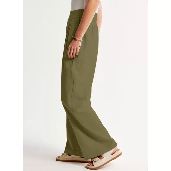 imagechouyatou Womens Summer Casual Cotton Linen Pants High Elastic Waist Beach Palazzo Toursers PantArmy Green