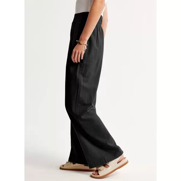 imagechouyatou Womens Summer Casual Cotton Linen Pants High Elastic Waist Beach Palazzo Toursers PantBlack