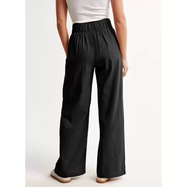 imagechouyatou Womens Summer Casual Cotton Linen Pants High Elastic Waist Beach Palazzo Toursers PantBlack
