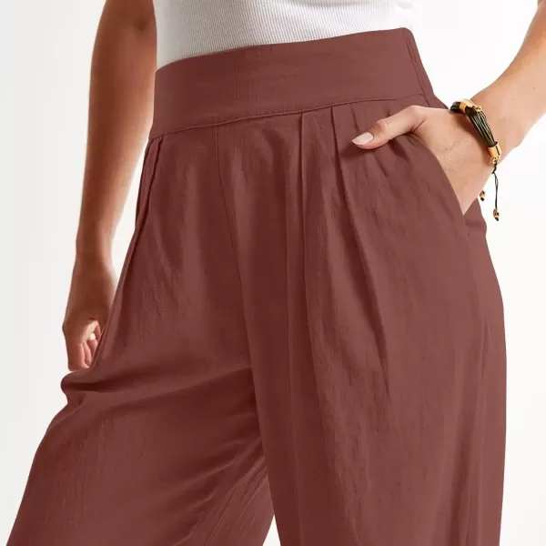 imagechouyatou Womens Summer Casual Cotton Linen Pants High Elastic Waist Beach Palazzo Toursers PantLight Brown