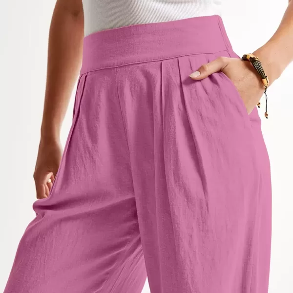 imagechouyatou Womens Summer Casual Cotton Linen Pants High Elastic Waist Beach Palazzo Toursers PantPink