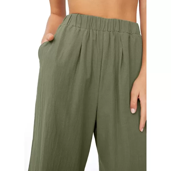 imagechouyatou Womens Summer Elastic Waist Wide Leg Linen Pants Casual Beach Palazzo PantsArmy Green
