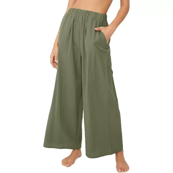 imagechouyatou Womens Summer Elastic Waist Wide Leg Linen Pants Casual Beach Palazzo PantsArmy Green
