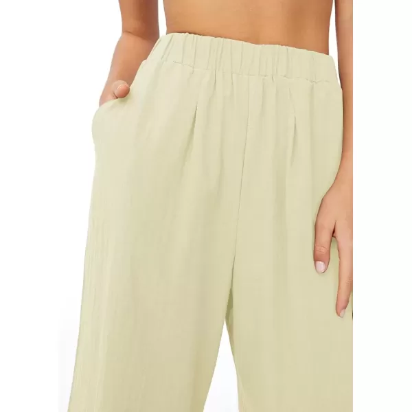 imagechouyatou Womens Summer Elastic Waist Wide Leg Linen Pants Casual Beach Palazzo PantsBeige