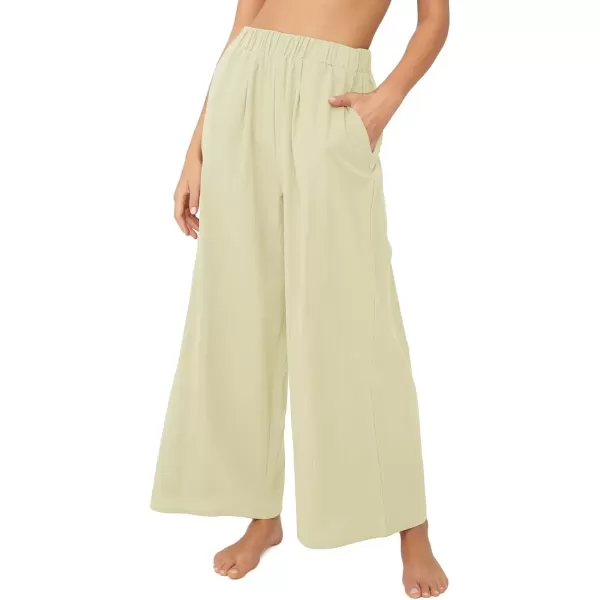 imagechouyatou Womens Summer Elastic Waist Wide Leg Linen Pants Casual Beach Palazzo PantsBeige