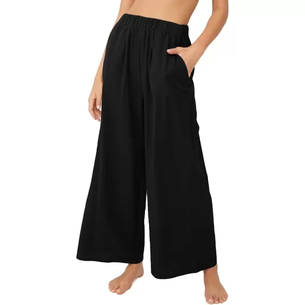 imagechouyatou Womens Summer Elastic Waist Wide Leg Linen Pants Casual Beach Palazzo PantsBlack