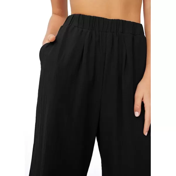 imagechouyatou Womens Summer Elastic Waist Wide Leg Linen Pants Casual Beach Palazzo PantsBlack