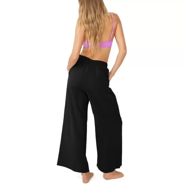 imagechouyatou Womens Summer Elastic Waist Wide Leg Linen Pants Casual Beach Palazzo PantsBlack