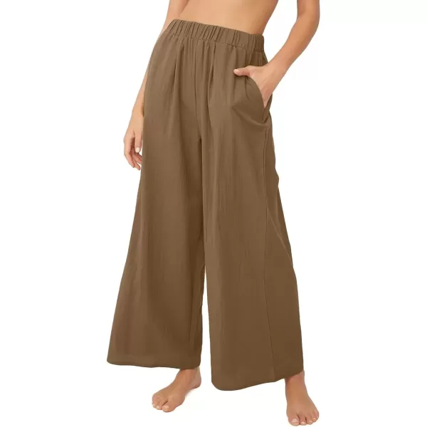 imagechouyatou Womens Summer Elastic Waist Wide Leg Linen Pants Casual Beach Palazzo PantsBrown