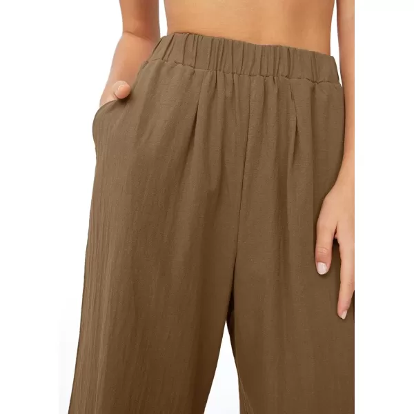 imagechouyatou Womens Summer Elastic Waist Wide Leg Linen Pants Casual Beach Palazzo PantsBrown