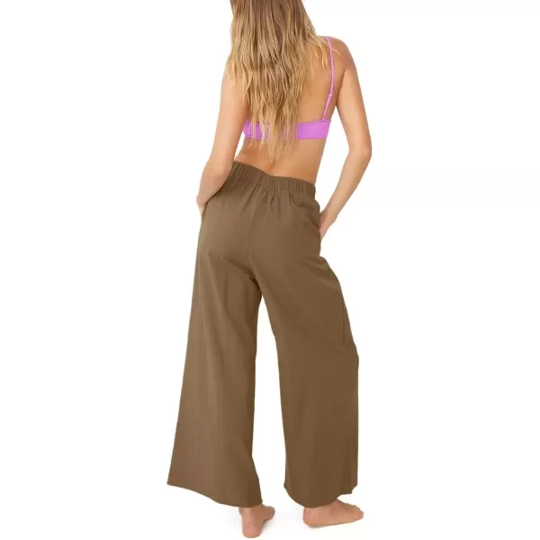 imagechouyatou Womens Summer Elastic Waist Wide Leg Linen Pants Casual Beach Palazzo PantsBrown