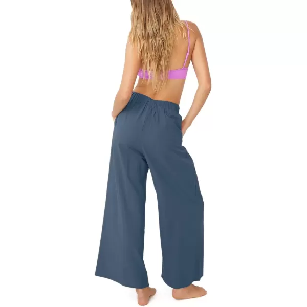 imagechouyatou Womens Summer Elastic Waist Wide Leg Linen Pants Casual Beach Palazzo PantsDark Blue