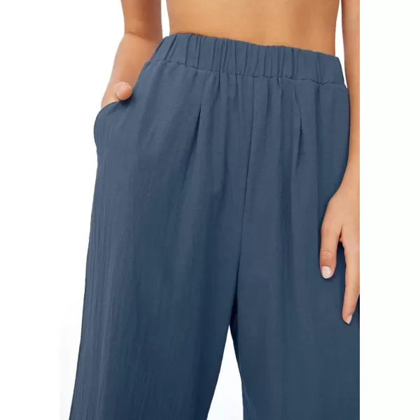 imagechouyatou Womens Summer Elastic Waist Wide Leg Linen Pants Casual Beach Palazzo PantsDark Blue