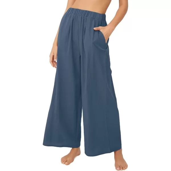 imagechouyatou Womens Summer Elastic Waist Wide Leg Linen Pants Casual Beach Palazzo PantsDark Blue
