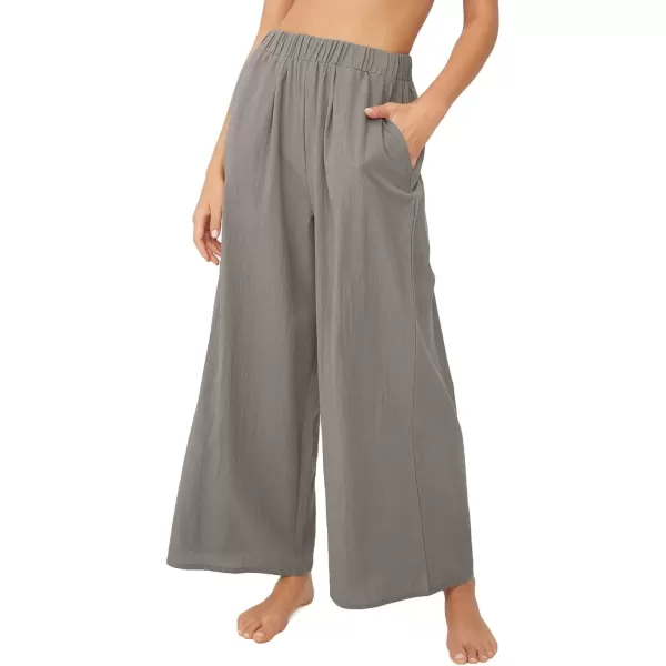 imagechouyatou Womens Summer Elastic Waist Wide Leg Linen Pants Casual Beach Palazzo PantsGrey