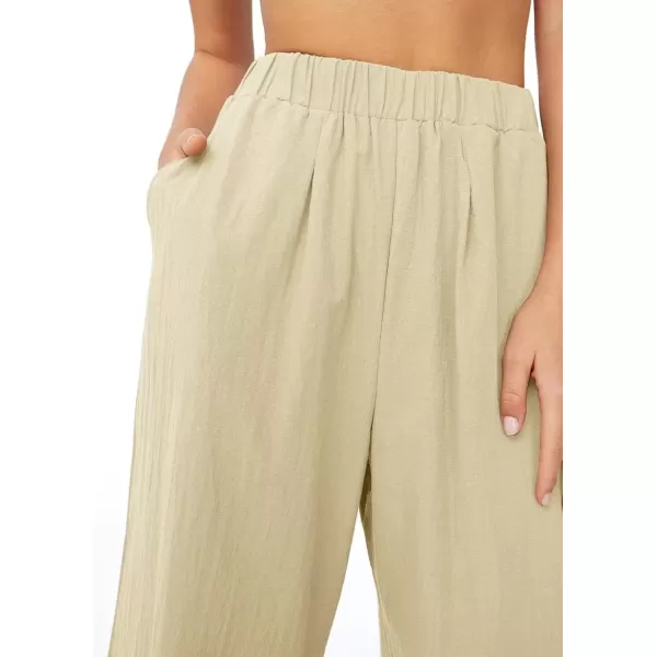 imagechouyatou Womens Summer Elastic Waist Wide Leg Linen Pants Casual Beach Palazzo PantsKhaki
