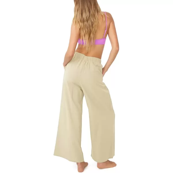 imagechouyatou Womens Summer Elastic Waist Wide Leg Linen Pants Casual Beach Palazzo PantsKhaki