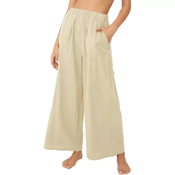 imagechouyatou Womens Summer Elastic Waist Wide Leg Linen Pants Casual Beach Palazzo PantsKhaki