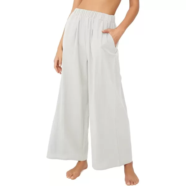 imagechouyatou Womens Summer Elastic Waist Wide Leg Linen Pants Casual Beach Palazzo PantsWhite