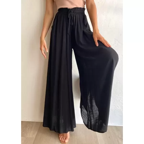 imagechouyatou Womens Summer High Waist Pants Wide Leg Drawstring Flowy Palazzo Paperbag Pants CulottesBlack