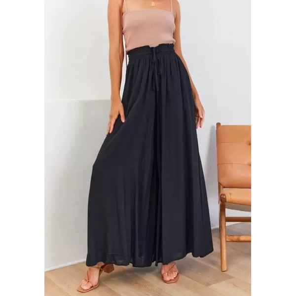 imagechouyatou Womens Summer High Waist Pants Wide Leg Drawstring Flowy Palazzo Paperbag Pants CulottesBlack
