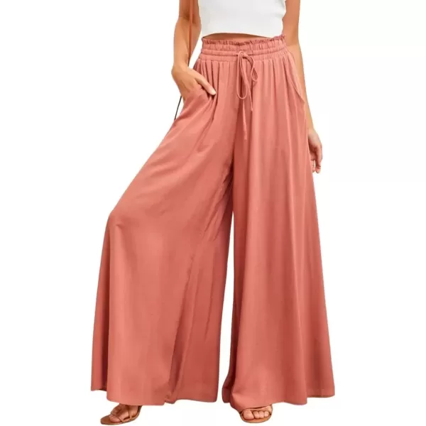 imagechouyatou Womens Summer High Waist Pants Wide Leg Drawstring Flowy Palazzo Paperbag Pants CulottesOrange Red