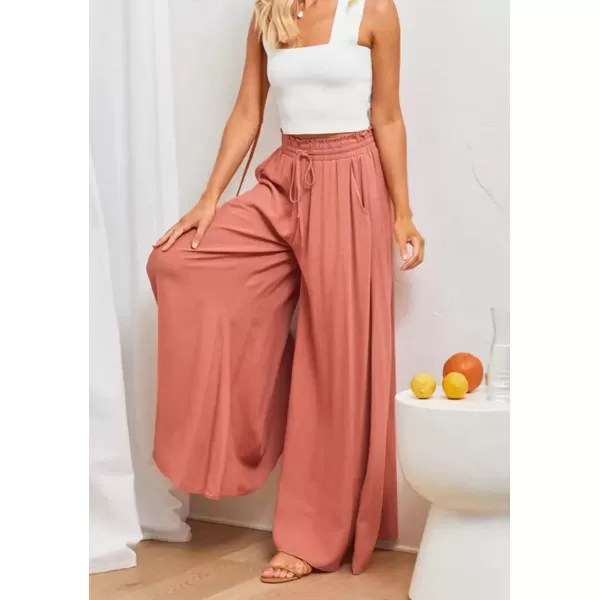 imagechouyatou Womens Summer High Waist Pants Wide Leg Drawstring Flowy Palazzo Paperbag Pants CulottesOrange Red