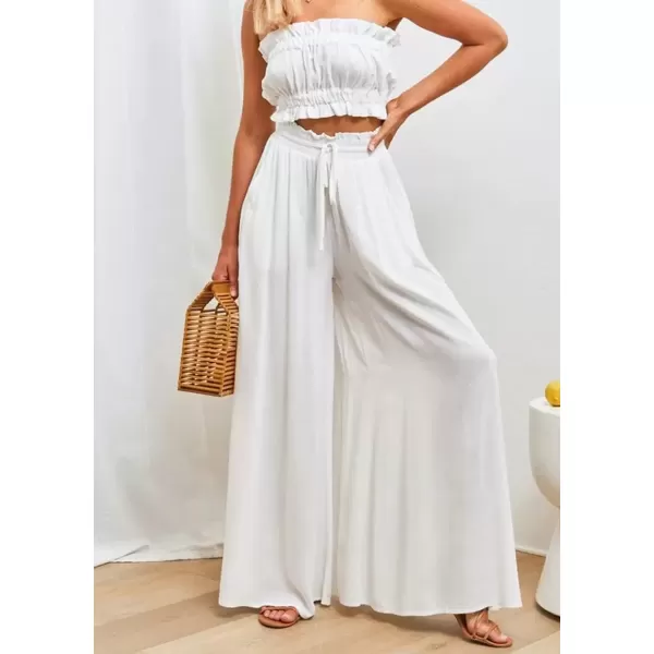 imagechouyatou Womens Summer High Waist Pants Wide Leg Drawstring Flowy Palazzo Paperbag Pants CulottesWhite