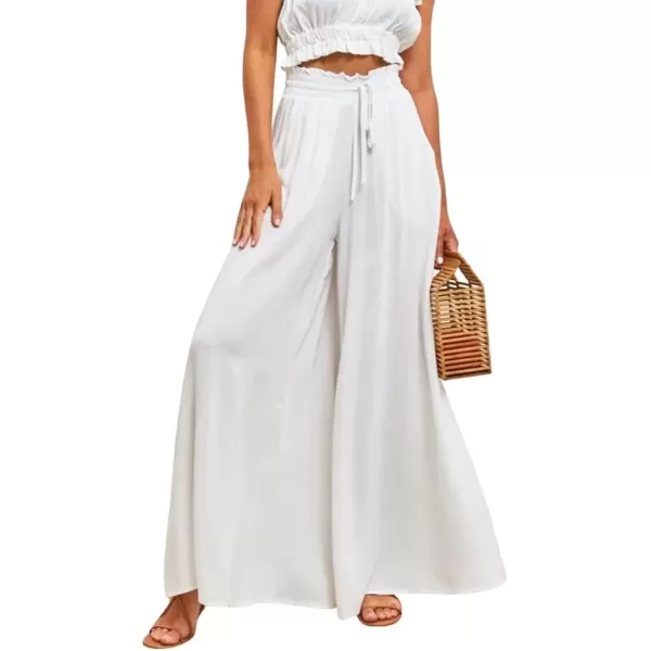 imagechouyatou Womens Summer High Waist Pants Wide Leg Drawstring Flowy Palazzo Paperbag Pants CulottesWhite