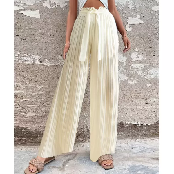 imagechouyatou Womens Summer High Waisted Pleated Wide Leg Pants Flowy Pants Palazzo Trousers CulottesBeige