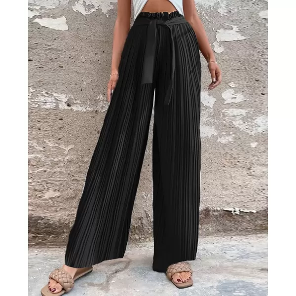 imagechouyatou Womens Summer High Waisted Pleated Wide Leg Pants Flowy Pants Palazzo Trousers CulottesBlack